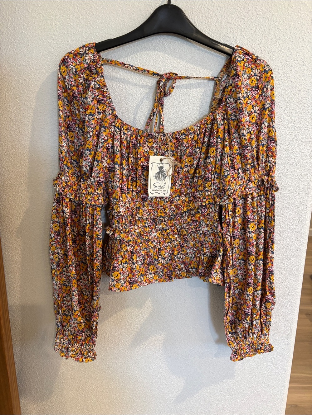Easel Yellow Multi Floral Smocked Peasant Blouse